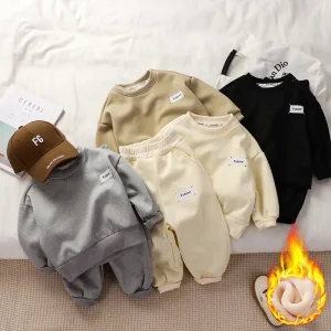 Autumn Winter 1 12 Years Casual Thickened Fleece Warmth Children’s Baby Kids Boys Girls Sweatshirt Sweatpants Set