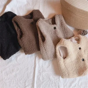Autumn Winter Baby Lamb Wool Plus Velvet Waistcoat Girls Boys Plush Vest Single Breasted V Neck Child Warm Fashion Coat