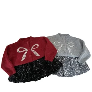 Autumn Winter Children Sweater Outfit Bow Thickened Sweater With Half Skirt Casual Cardigan Sweater Set for Girls
