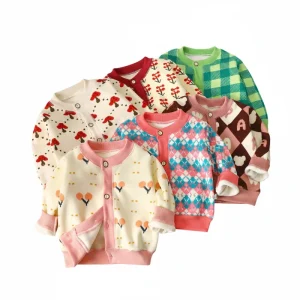 Autumn Winter Children’s Korean All match Knitted Coat Boys Girls Baby Warm Cardigan Thickened Outerwear Checkered