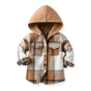 Autumn Winter Children’s Plaid Brushed Hooded Long Sleeved Jacket European American Style Casual Fashion Tops for Boys Neutral