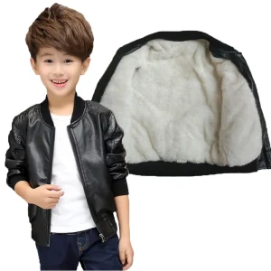 Autumn Winter Coats for Boys Thick Warm Baby Coat Zipper Solid PU Leather Jacket for Kids Factory
