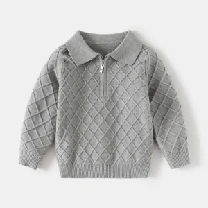 Autumn Winter Collection New Boys Single Layer Sweater with Diamond Woven Flower Lapel Knitted Zipper Shirt Design