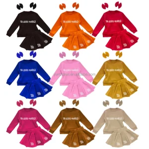 Autumn Winter Custom Logo Girls 2pc Long Sleeve Fleece Polyester Tops Skirt Dress Suit Clothing Sets 14Color Recreational Style