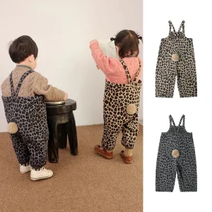 Autumn Winter Cute Girls Jumpsuits Children’s Thick Belt Fleece-Lite Pants Leopard Pattern Casual Look for Babies