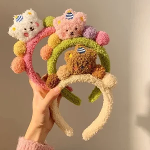 Autumn Winter Elastic Hairbands Cute Plush Bear Headband Cartoon Colorful Wash Face Hair Accessories for Girls Kids