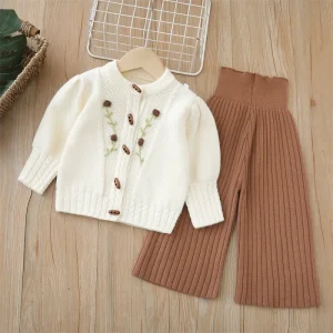 Autumn Winter Girls’ Casual One Piece Knitted Sweater Set Handmade Flower Pants New Style Baby Girl Outfit