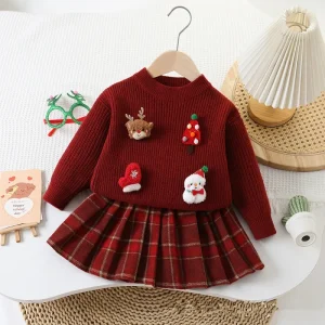Autumn Winter Girls’ Casual Sweater Skirt Baby New Year Outfit Red Festive Christmas Knitted Cartoon Skirt