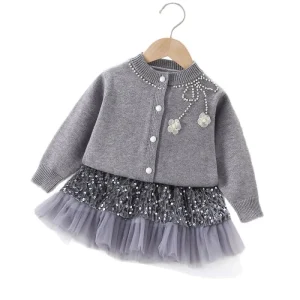 Autumn Winter Girls Sweater Set Korean Style Beaded Flower Knitted Cardigan Solid Sequin Short Skirt Casual Two-Piece Set