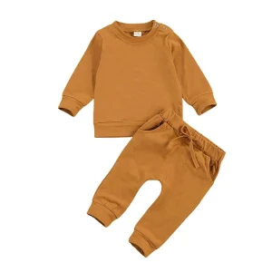 Autumn Winter Kids Clothing Solid Color Long Sleeve Sweatshirt Tops Drawstring Pants Baby Girls Boys Slpeepwears Tracksuit Sets
