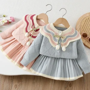 Autumn Winter Korean Fashion Girls Sweater Set Tulip Knitted Cardigan Color Block Collar Casual Two Piece Baby Girl Sweater