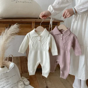 Autumn Winter New Fashion Girls and Boys Sweater Baby Rompers Knitted Long Sleeve Lapel Cable knit Jumpsuit