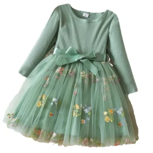 Autumn Winter New Girls Dress Princess Style Gauze with Flower Embroidery Casual Performance Dress for Children Made Polyester