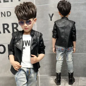 Autumn Winter Spring Children’s Casual Leather Jacket Rivet Cool and Handsome New Boys’ Trendy Coats
