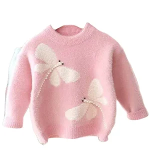 Autumn Winter Thickened Warm Fashion Children Clothing Butterfly Beads Knit Pullover Tops Kids Sweater for Toddler Girls