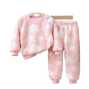 Autumn Winter Unisex Boys Girls Children Kids Cute Soft Warm Fleece Thicken Sweatshirt 2PCS Pajamas Set