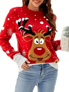 Autumn Winter Vintage Style Girls Pullover Christmas Sweater with New Santa Claus Pattern