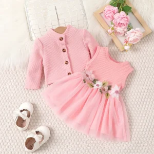 Autumn and Winter Girls Baby Cotton Long Sleeve Mesh Dress & Solid Color Plaid Jacket Two-piece Set