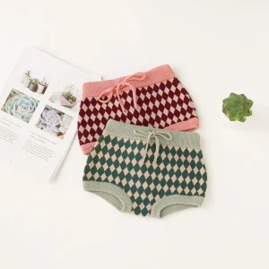 Autumn and Winter Girls Knitted Shorts Cotton Children’s Bread Pants Cute Tail Plaid Kids Clothes