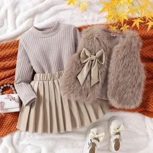 Autumn and Winter Girls Suit Solid Color Wool Sweater with Long sleeved Top and Leather Skirt Three piece Suit