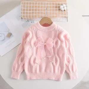 Autumn and Winter Girls’ Thickened Pullover Knitted Sweater Children’s Twist Style with Pattern Decoration