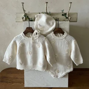Autumn and Winter Infants’ Sweaters Cute Fresh Daisy Crochet Knitwear Pure Cotton Tops for Girls Baby Top Romper and Hat