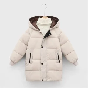 Autumn and Winter New Children’s Mid-length Thick Down Cotton Jacket Big Boys and Girls Hooded Cotton Coat