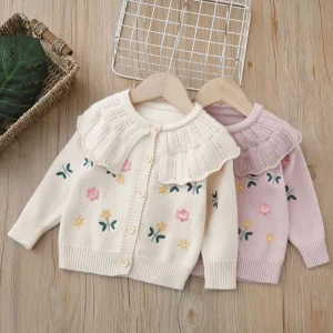Autumn and Winter New Girls’ Cardigan Sweater Kids Knitted Coat with All-over Embroidery for Toddlers