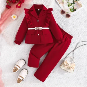Autumn and Winter New Girls Children Long Sleeve + White Belt Jacket Ruffled Suit Jacket Pants Three Solid Hip Hop Style