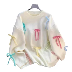 Autumn and Winter New Style Languid Lazy Wind Casual Loose Girl Sweet Bowknot Knit Sweater Female