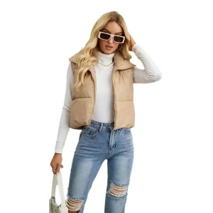 Autumn and Winter Women’s Sleeveless Waistcoat Fashion Short Solid Color High Collar Loose Waistcoat