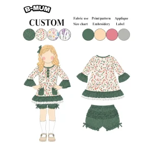 B MUM Custom 95% Bamboo 5% Spandex 2 Piece Set with Lace and Pockets Baby Girls Casual Short Sleeve Shorts Pajamas Sleepwear