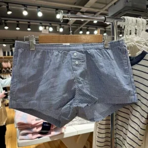 BM Style Blue Plaid Button Shorts for Women Elastic Waist Versatile Casual Home Pants Sports Hot Pants for Spicy Girls