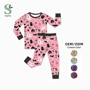 Baby Bamboo Clothes Girls’ Long Sleeve Two Piece Pajama Set Halloween Pull On Ribbed Cuffs Lounge Sleepwear