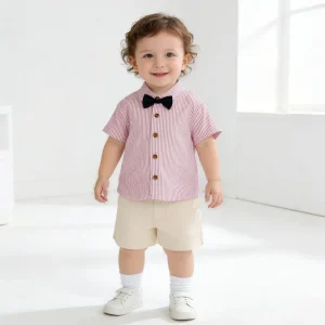 Baby Boy 1 Year Old Short Sleeve Cotton Blends Shirt Summer Formal Wear Bow Tie Stripes Thin Style Outing Top