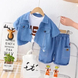 Baby Boy Clothing Letter Vest Denim Short Sleeve Turn Down Collar Jacket Shorts 3 Piece Clothes Kids Sports Wear