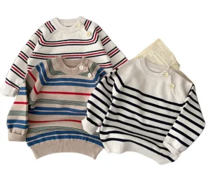 Baby Boy Knitted Round Neck Striped Long Sleeved Sweater for Children