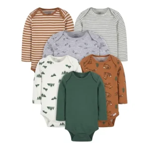 Baby Boys Animal Print Striped Solid Long Sleeve Bodysuit 5 Pack with Snap Button Closure Green Fox 6-9 Months
