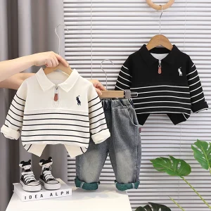 Baby Boys’ Cotton Cartoon Print Long Sleeve Shirt and Shorts Two Piece Set for Spring Autumn Casual Wear