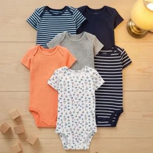 Baby Boys Cotton Crew Neck Short Sleeve Bodysuit 6 Pack Multi Color Sailboats Stripes 0-3 Months