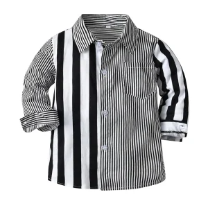 Baby Boys Shirts Fashion Lapel Black White Color Matching Stripes Gentleman’s Long Sleeve Shirt Toddlers Kids Tops Boys Clothes