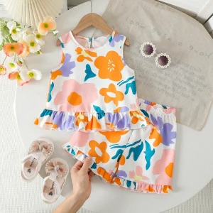 Baby Clothing Set of Floral Girls’ Shorts Baby Clothes Girls Summer Sleeveless Shorts Suit