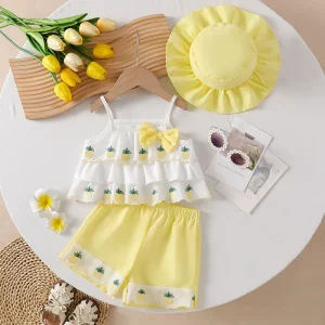 Baby Clothing Set of Girls’ Shorts Baby Clothes Girls Summer Bow Strawberry Sleeveless Shorts Hat Suit