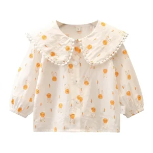 Baby Doll Collar Shirt Korean Style Printed Cartoon Blouse Lace Trim Softened Girls Bottoming Top Spring Autumn Little Kids