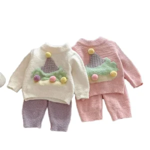 Baby Girl 2pcs Knitted Casual Plush Christmas Tree Warm Sweater Home Set for Autumn Winter