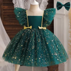 Baby Girl Birthday Party Dress Fly Sleeve Sequins Star Princess Tutu Dress for Toddler Girl