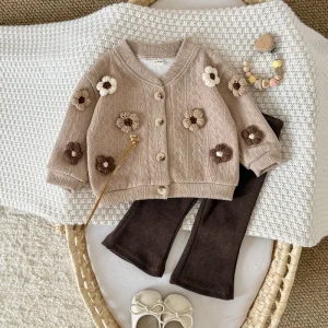 Baby Girl Boho Style Knit Cardigan with Brown Corduroy Pants Neutral Beige 3D Flower Embellished Sweater Set