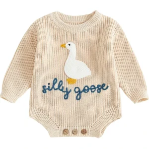 Baby Girl Boy Romper Silly Goose Embroidery Chunky Knit Sweaters Bodysuit Neutral Newborn Autumn 100% Organic Cotton Button