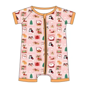Baby Girl Casual Santa & Reindeer Print Breathable Romper Short Sleeve Full Zip Jumpsuit