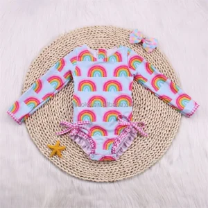 Baby Girl Custom OEM Design Kids Rainbow Print Swimsuit Beachwear One-Piece Swimming Suit for Kids Girl